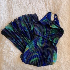 Cache Vibrant Blue Green Maxi Dress with Gold Detail